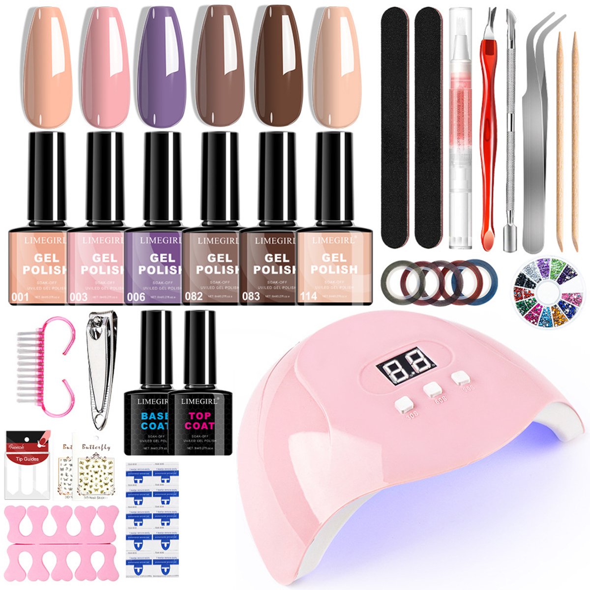 NAXSIR Gelnagellak-set 6 kleuren met UV-LED-lamp, base- en topcoat, nagelaccessoires voor manicure thuis