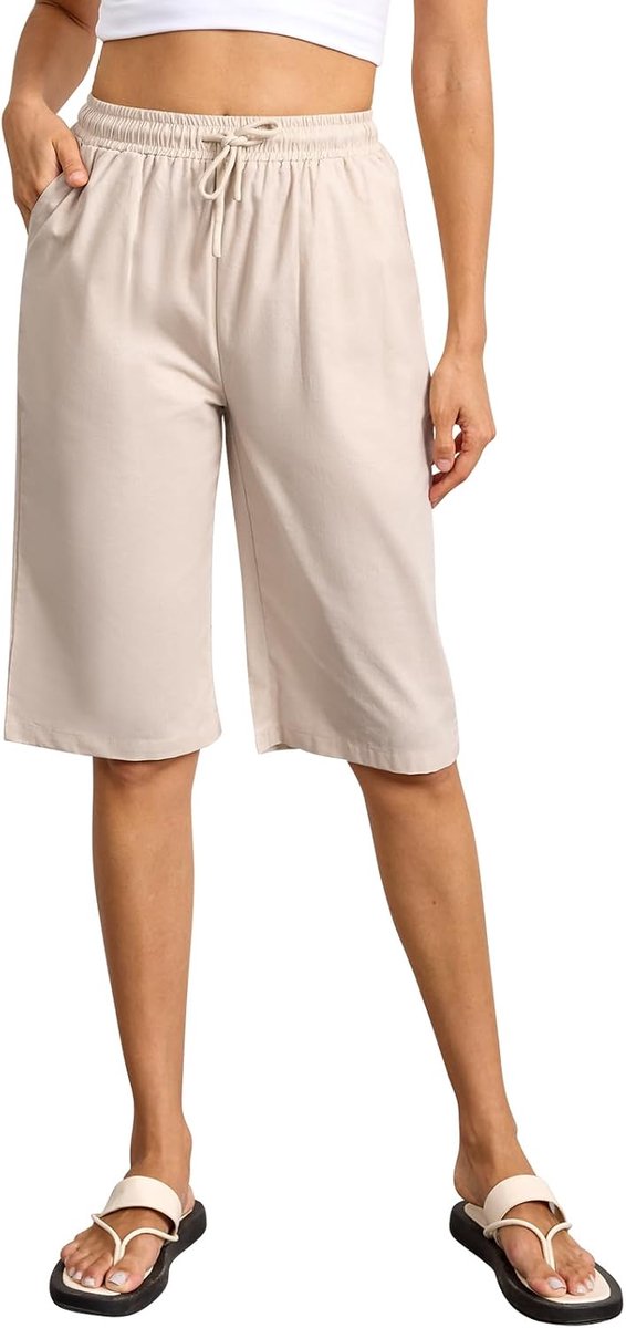 Damesshorts in grote maten, zomershorts, oversized, knielang, elastische tailleband met trekkoord, chiffon zak, casual