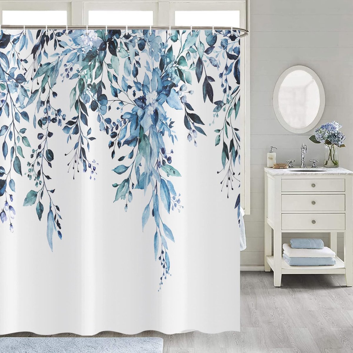 Douchegordijn, 180 x 200 cm, blauw, eucalyptusbladeren, bloemen, lente, aquarel, planten, waterdicht, badgordijn, polyester textiel, wasbaar, douchegordijnen voor bad met 12 haken