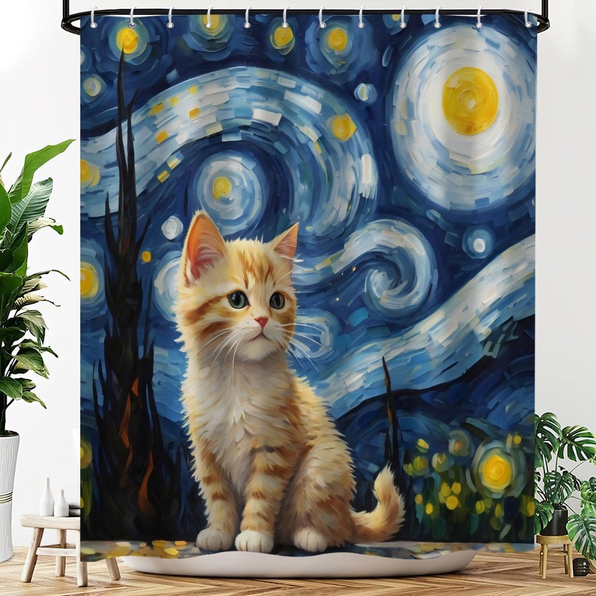Douchegordijn, grappige kat, 180 x 200 cm, sterrennacht, abstract olieverfschilderijstijl, vintage, badgordijn, waterdicht, polyester, wasbaar, badgordijn voor badkamer, met haken