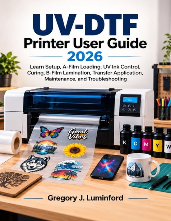 Couverture de livre : Guide de l'imprimante UV-DTF 2026 avec autocollants papillons et loups sur un bureau.