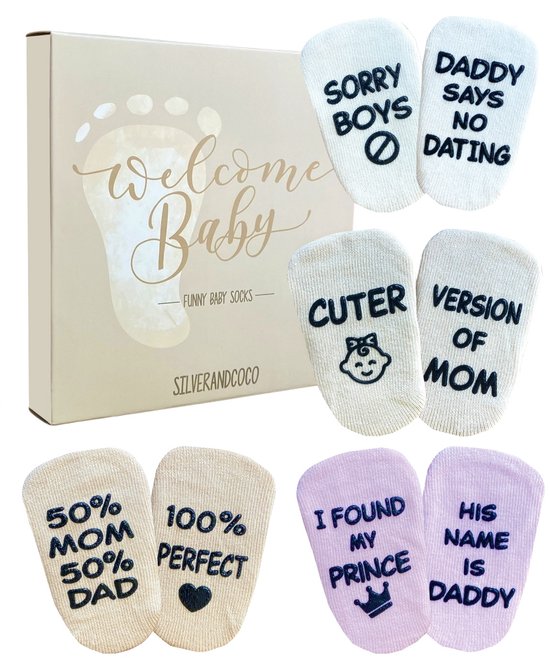 Geboortegeschenkset met babytjesokjes in vier varianten en 'Welcome Baby' geschenkdoos.