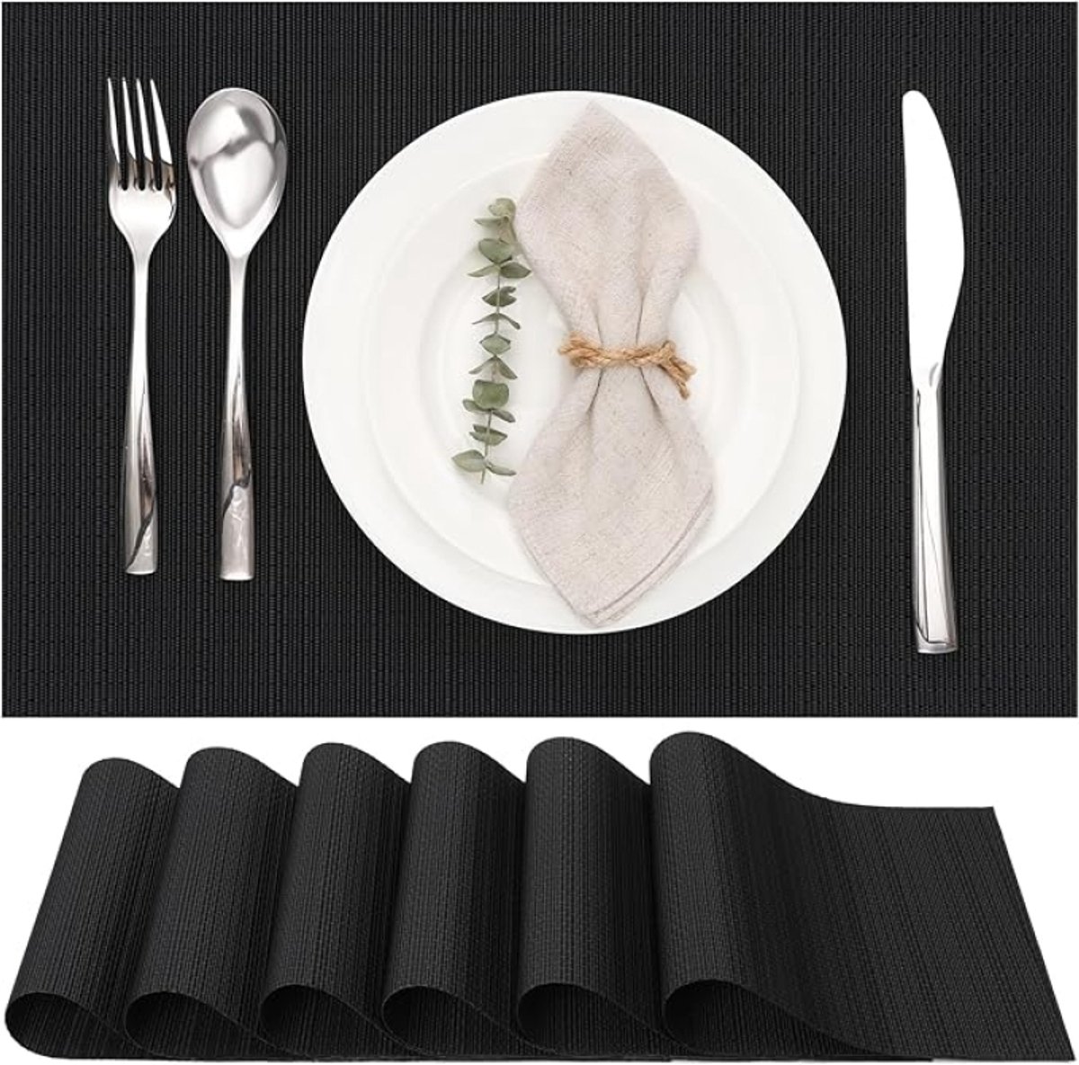 Geweven Vinyl Placemats Set van 6 - Wasbaar, Hittebestendig, Zwart, 30 x 43,5 cm