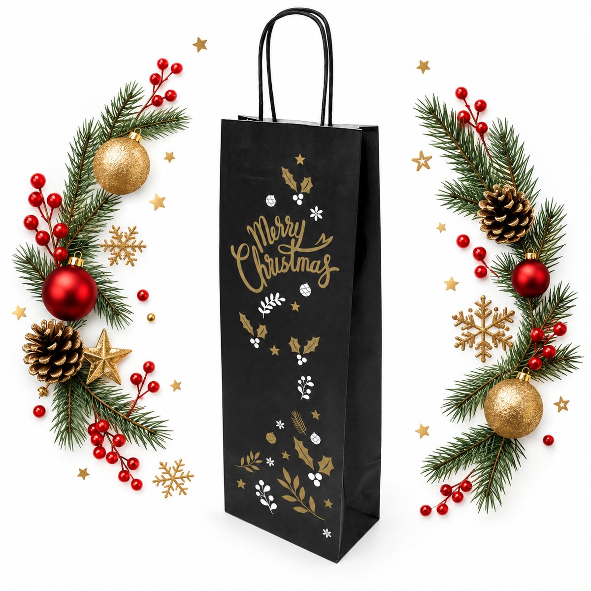 50 x Kerst Wijntas 14+8x39cm voor 1 Fles / Flestas/wijntas "Merry Xmas" zwart, Cadeauverpakking / Kerst verpakking / Cadeauverpakking draagtas voor Fles/wijn / Fleszak · Fles zak