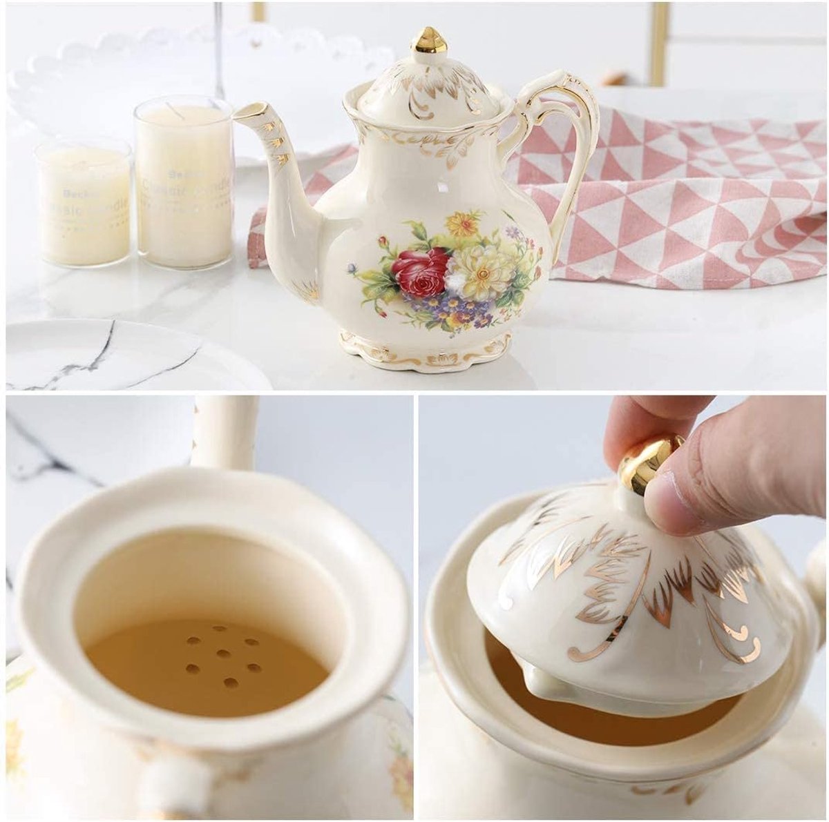 Porseleinen theepot, vintage bloemen-theepot, ivoorgouden rand, cadeau voor vrouwen (bloemenpatroon, 800 ml)