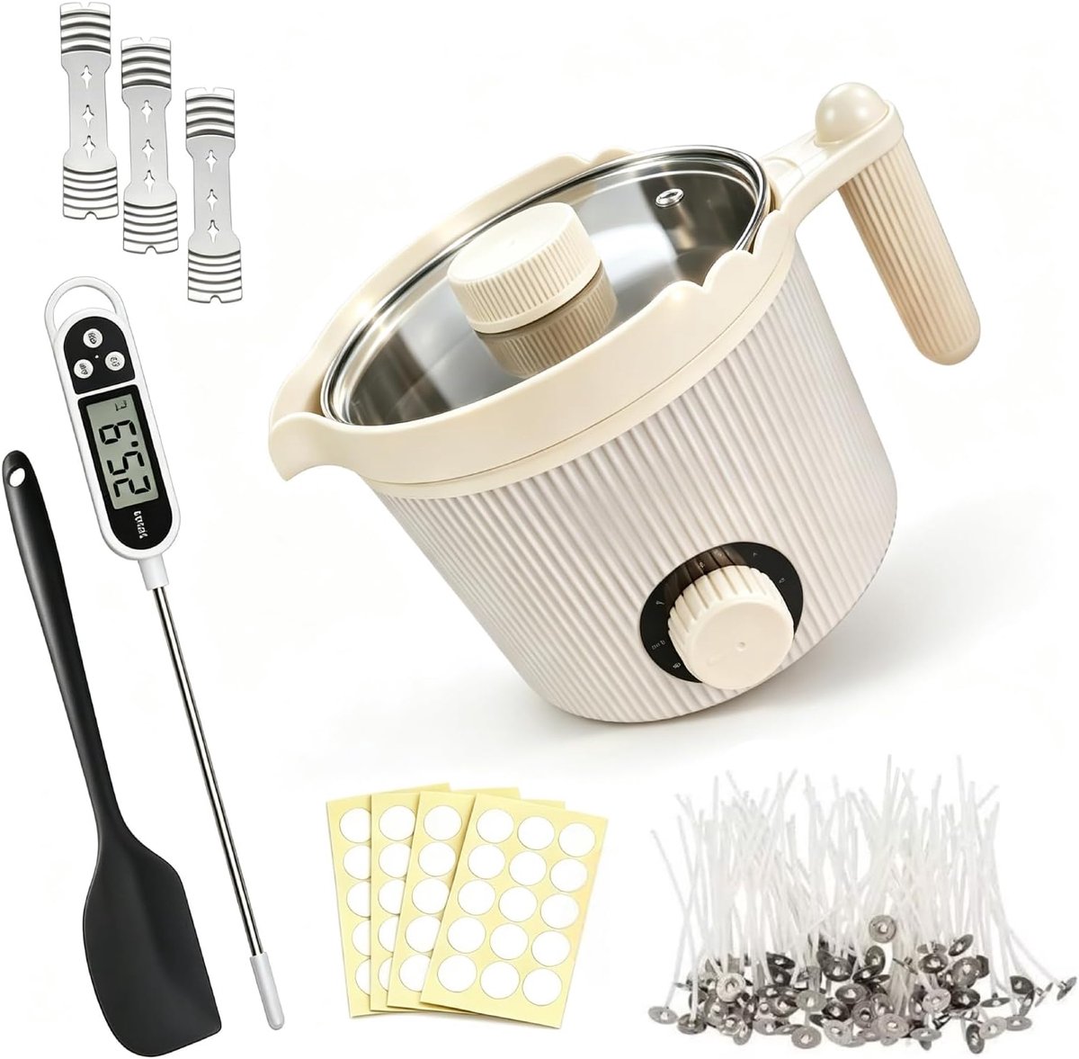 Zelf maken set, waxsmelter 1,5 l met wassmeltpot, kaarsgietset inclusief thermometer, lonten en accessoires, roerlepel, kaarsenwas, doe-het-zelf kaarsenmaakkit voor volwassenen en beginners