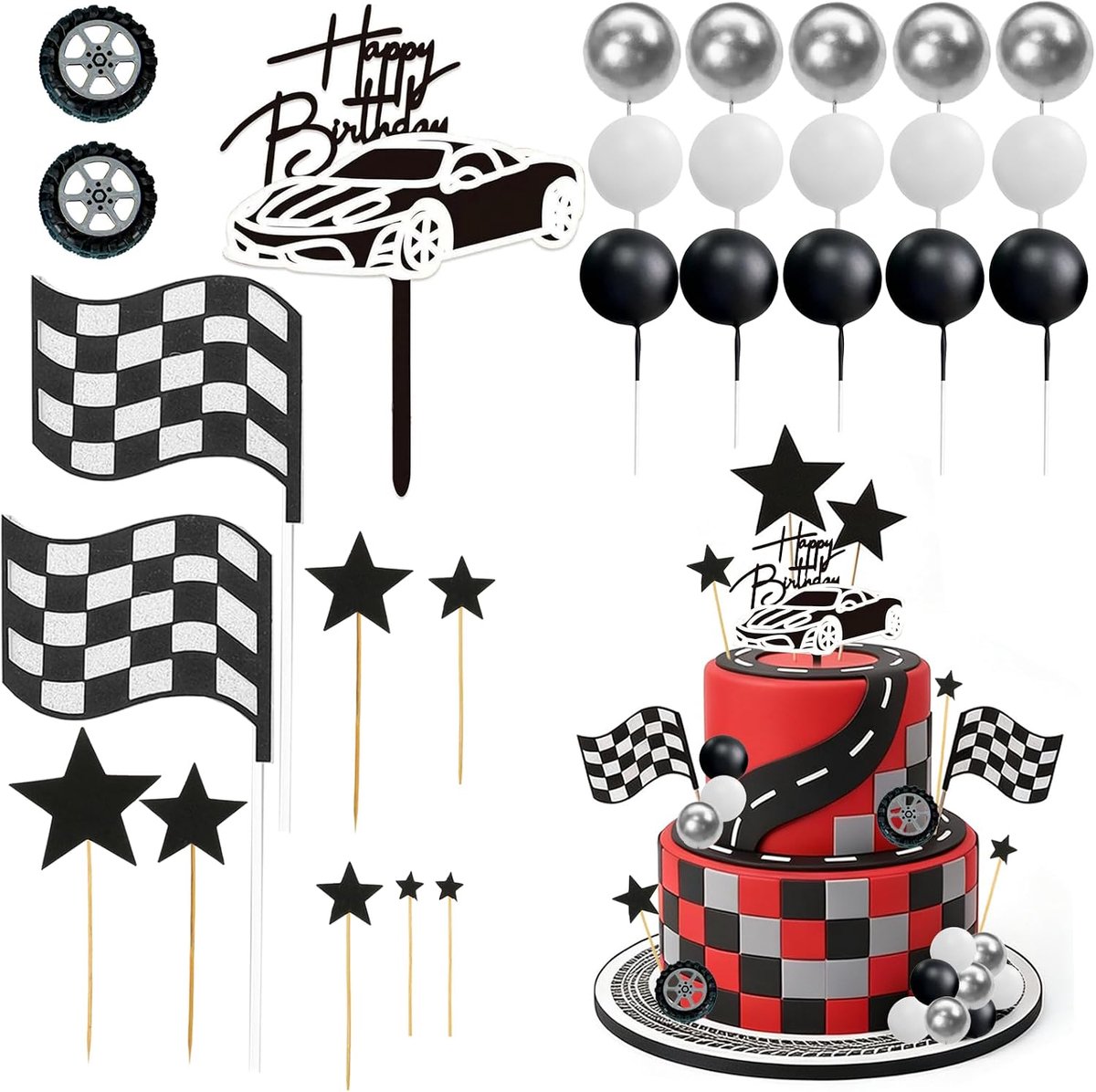 Autotoppers voor taarten, 26 stuks, racewagen, taartdecoraties