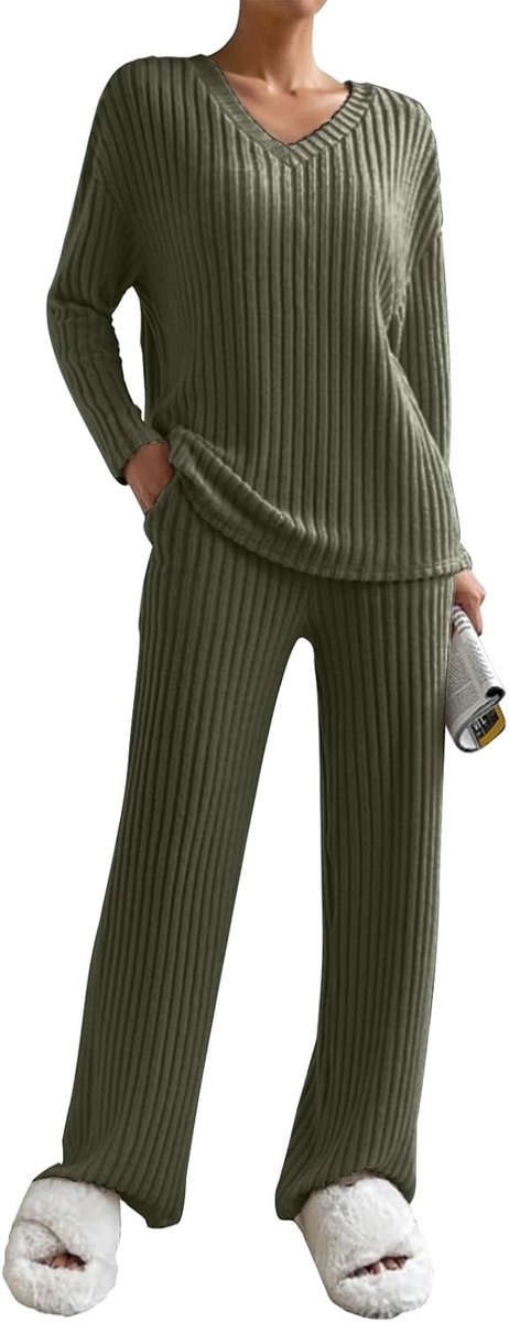 Gebreide damesoverall met lange mouwen, sportpak met broek voor herfst en winter, comfortabele trui met V-hals en broek met zakken, pyjamaset, loungekleding