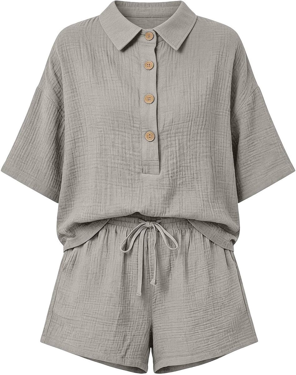 2-delige set voor dames, kort overhemd met kraag en shorts, casual outfit van gekreukte stof met trekkoord, voor zomer, vakantie