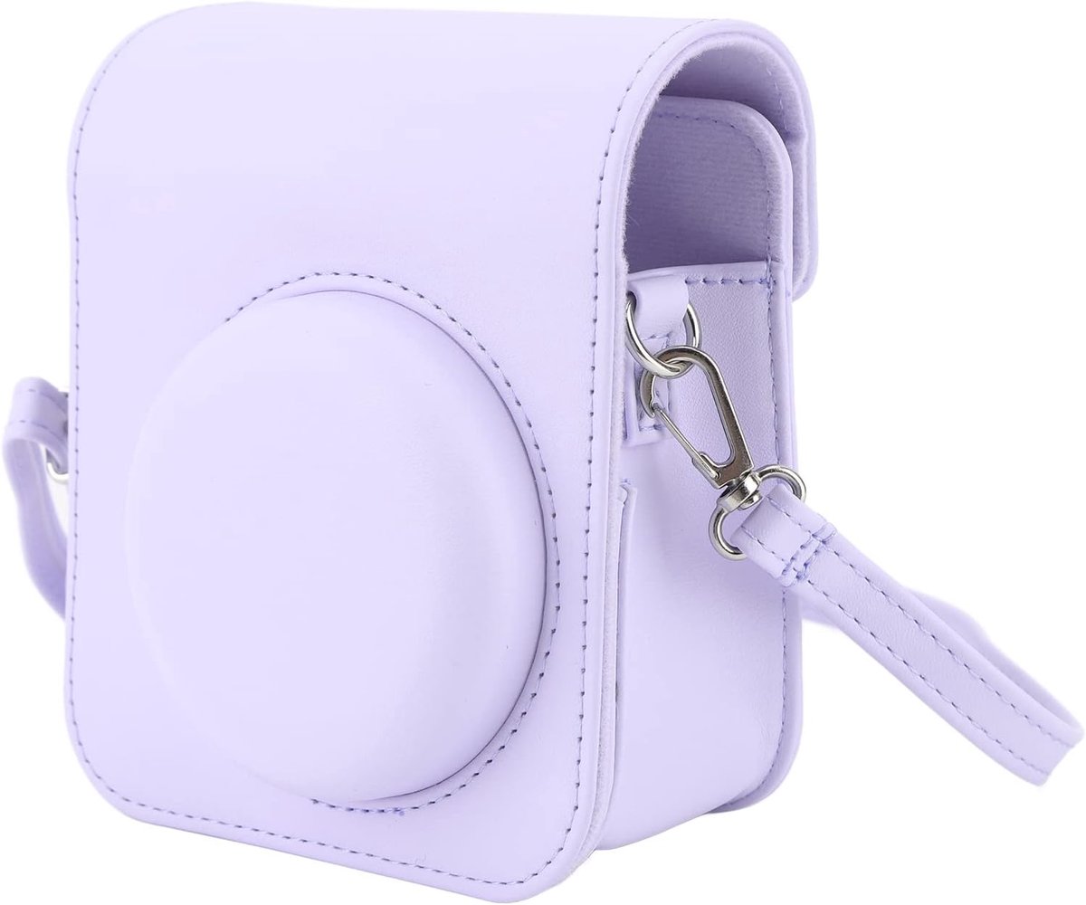 Beschermhoes voor Mini 12 Instant Camera, Cameralensbescherming van PU-leer met Zak en Verstelbare Schouderriem, Waterdichte Cameralensbeschermhoes (Iris paars)