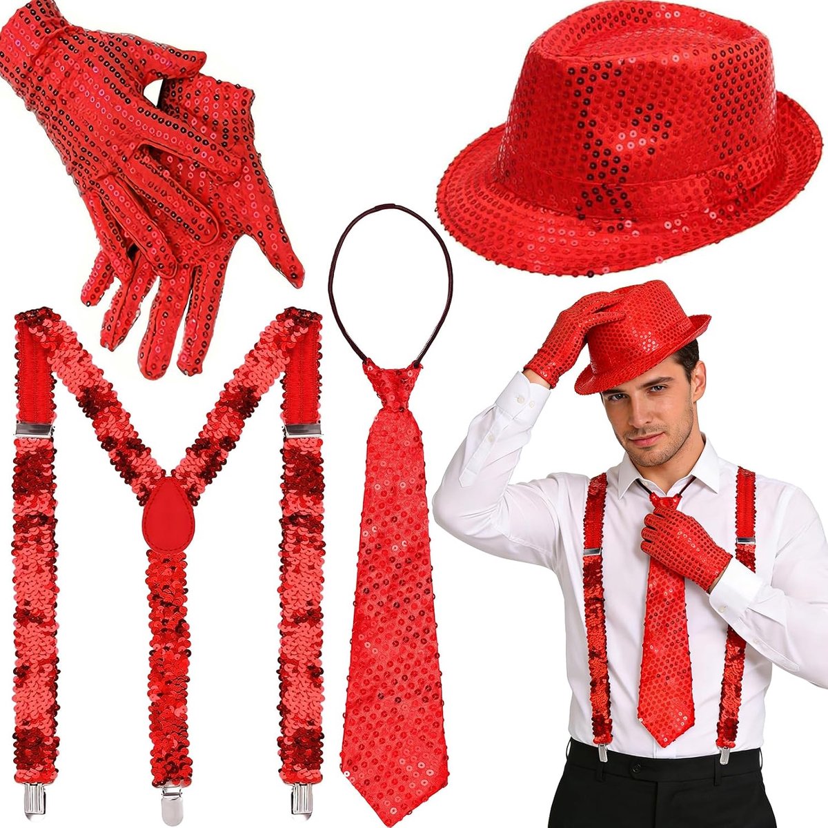 Accessoires heren, pailletten bretels, glitteroutfit heren, hoeden, bretels, handschoenen, stropdas, aangepast aan carnavalsfeest -personages thema performance