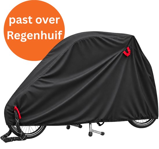 Zwarte bakfiethoes die "past over een regenhuif".