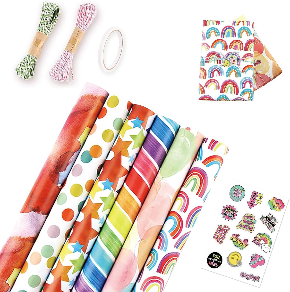 SnelShoppen - Cadeaupapierset 6 stuks, Natuurlijk en Kleurrijk Verpakking, Henneptouw, Dubbelzijdig Plakband, Stickers voor Verjaardag, Bruiloft en Fe