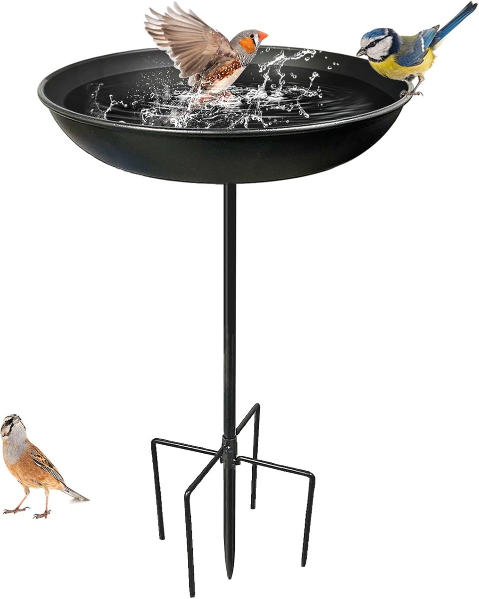 SnelShoppen - Grote winterbestendige vogelbad voor in de tuin - Metalen vogelbad met 5 grondspikes - Hoogte 64 cm, diameter 24 cm - Perfect voor vogel