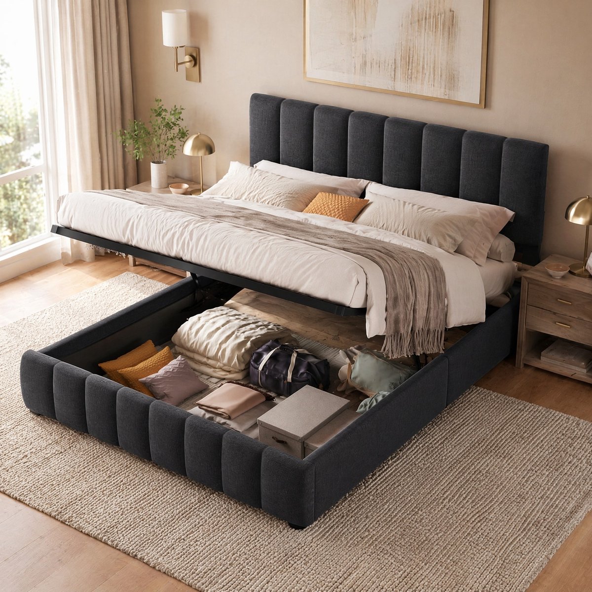 WUVRIE Gestoffeerd tweepersoonsbed 140x200 cm met hydraulische opbergruimte en verstelbaar hoofdbord, grijs