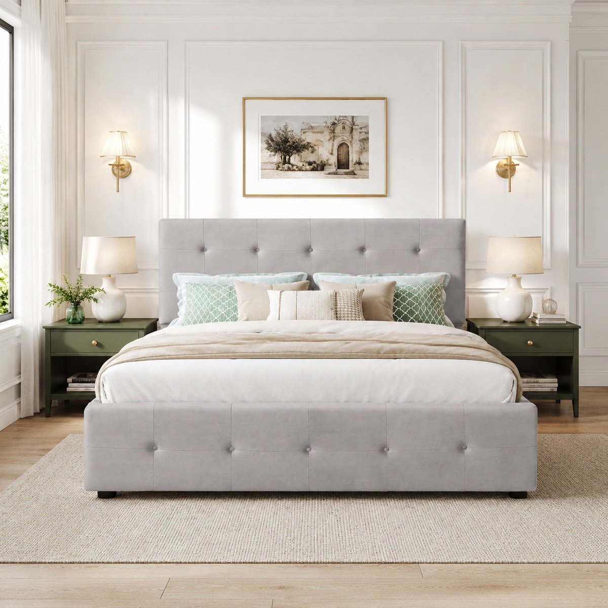 WUVRIE Gestoffeerd bedframe 140x200 cm met hoofdbord, 4 opberglades en lattenbodem, grijs