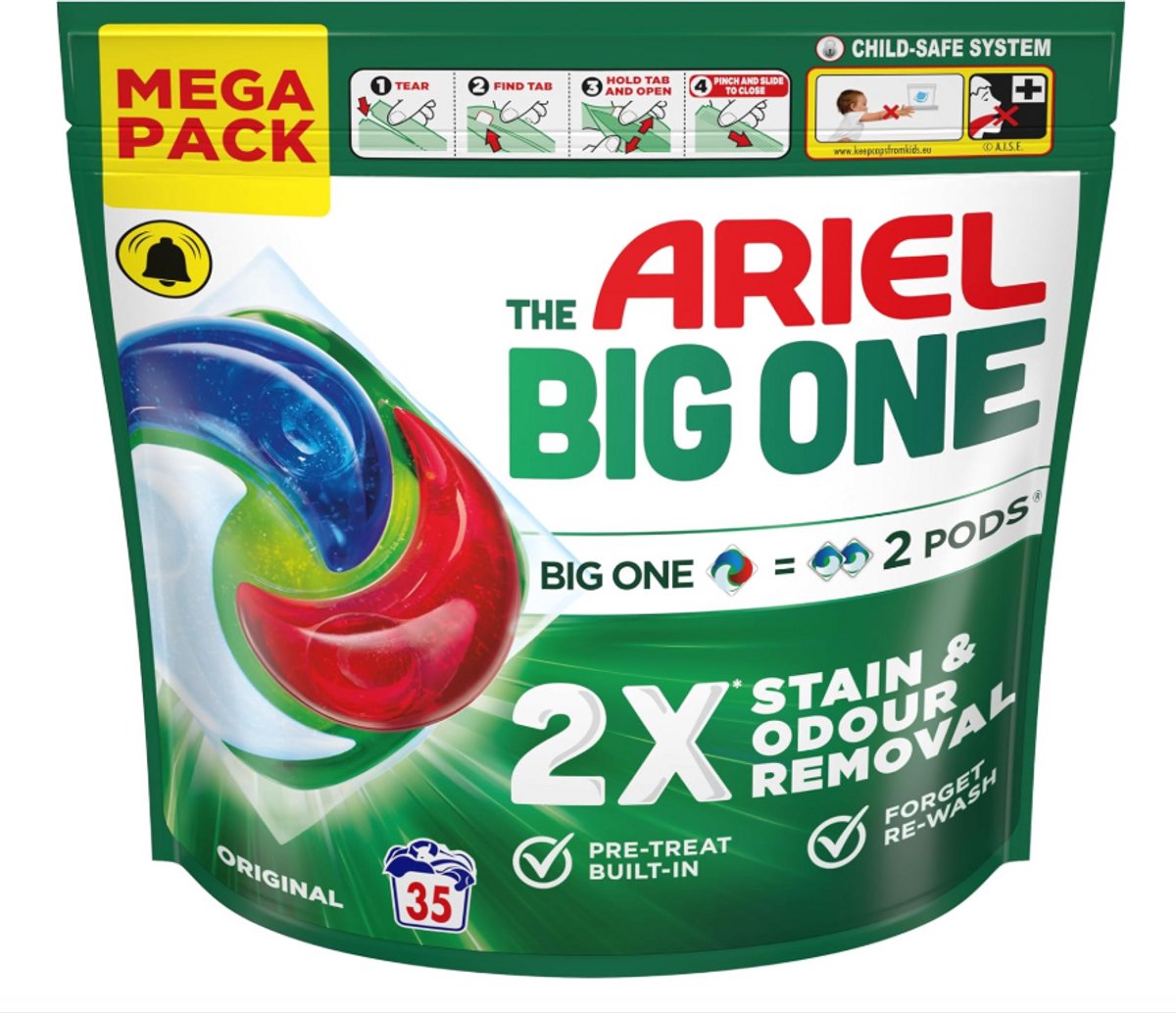 Ariel The Big One Wasmiddel Pods Original – Mega Pack – 35 Wasbeurten – 2-in-1 Vlek- & Geurverwijdering – Wasmiddelcapsules