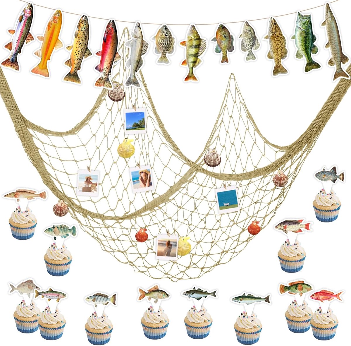 Visnet wanddecoratie met schelpen set - feestdecoratie - vissen cupcake toppers - perfect voor visfeestje - ShopVlot