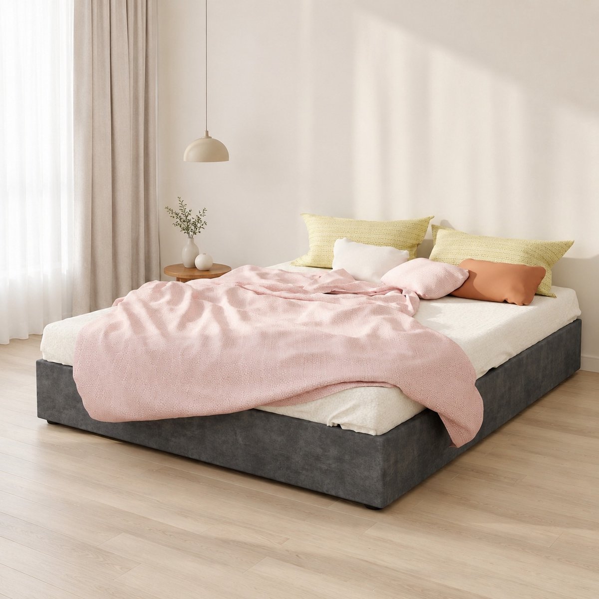 WUVRIE Bedframe 160x200 cm met gaslift en lattenbodem, grijze fluwelen bekleding, zonder hoofdbord en matras Grijs