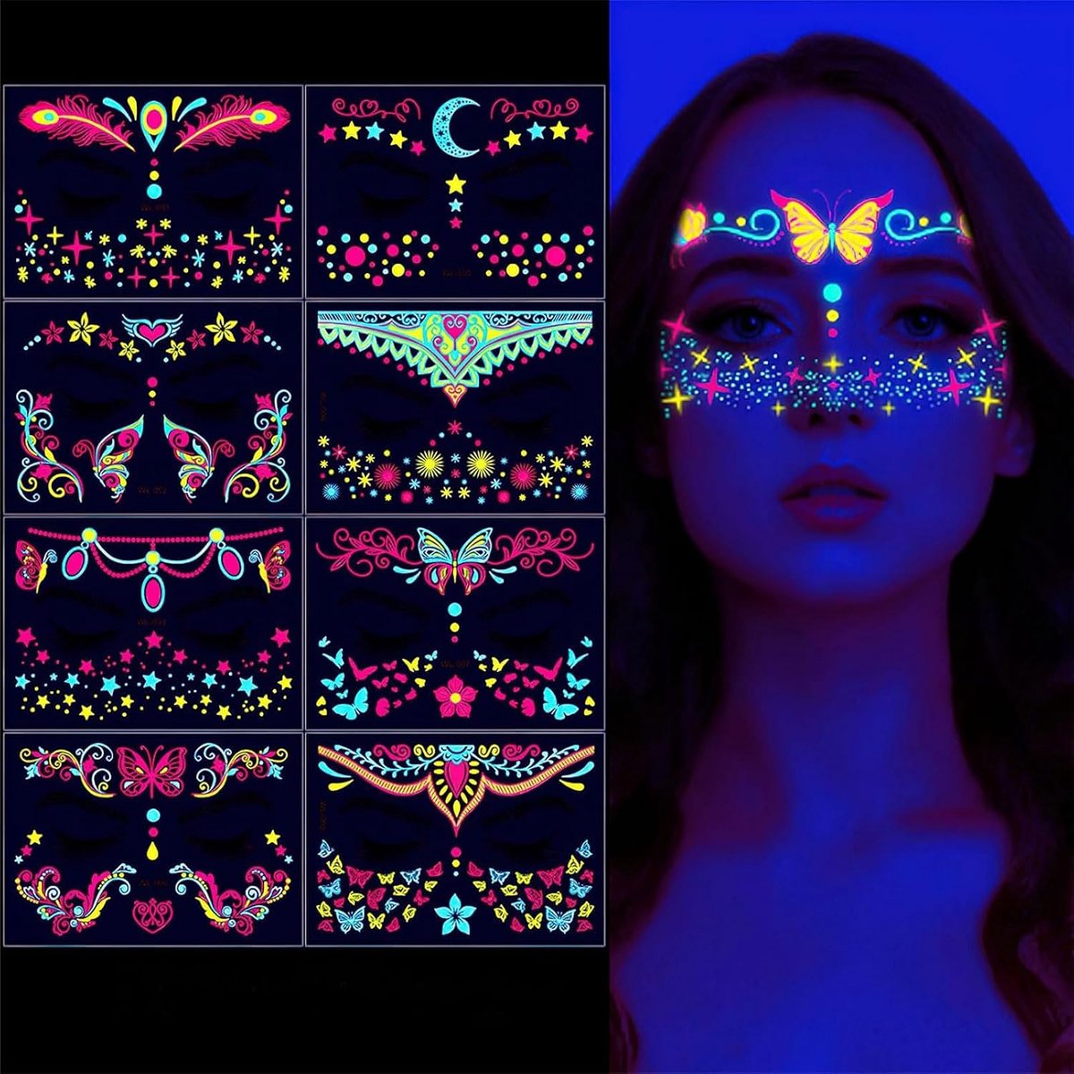 Tijdelijke glow in the dark blacklight partydecoratie, uv-lichtgevende plaktatoeages voor volwassenen en kinderen, festivalaccessoires voor rave, concert en carnaval