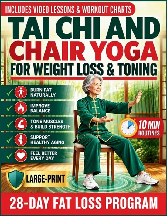 Vrouw in groen Tai Chi-tenue doet zittende oefeningen. Boekomslag over Tai Chi en stoelyoga voor gewichtsverlies.