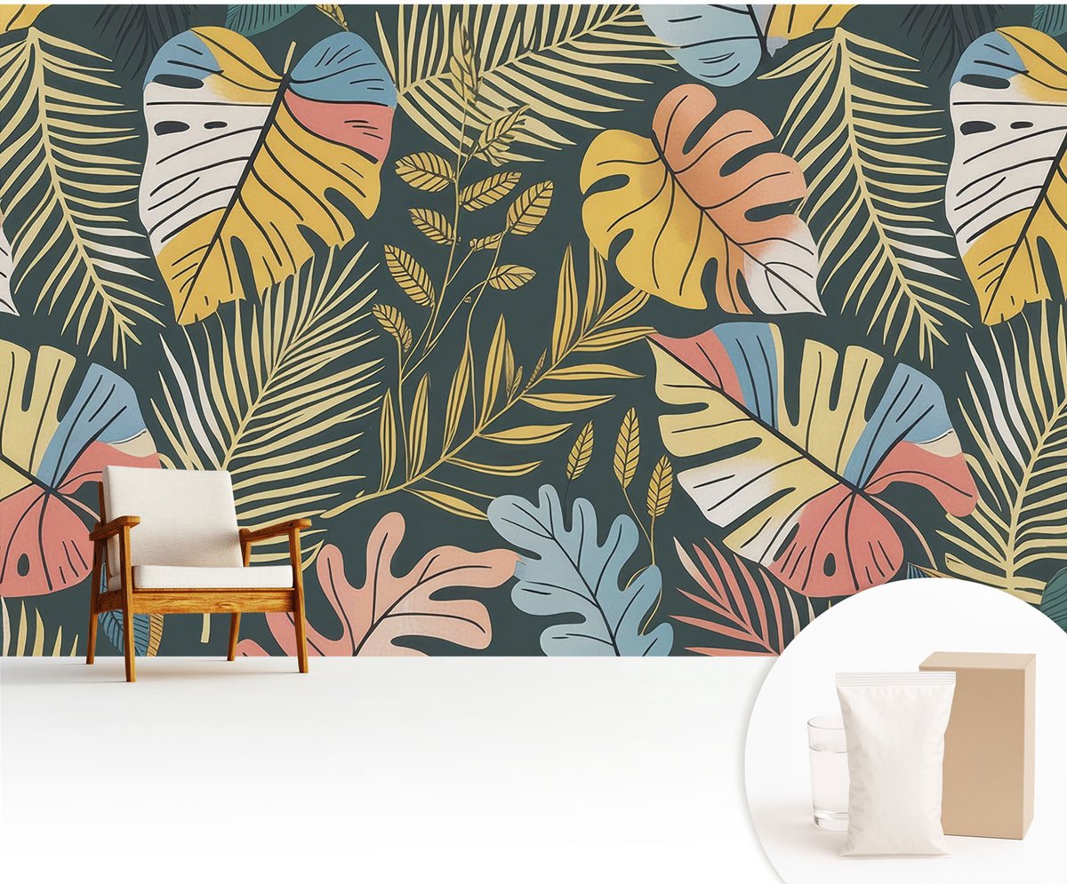 Wallfluent Fotobehang - Geel Vliesbehang - 416x254 cm - Tropische Energie Fotobehang Vlies - Woonkamer behang Bloemen En Planten - Muurschildering - Woonkamer behang