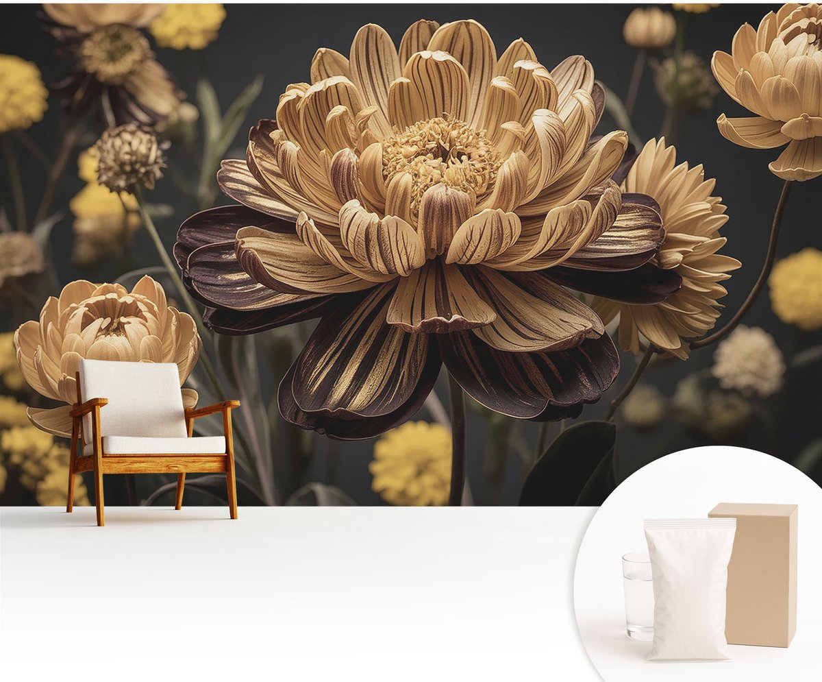 Wallfluent Fotobehang - Grijs Vliesbehang - 416x254 cm - Bloemige Elegantie Fotobehang Vlies - Hal behang Bloemen En Planten - Muurschildering - Woonkamer behang