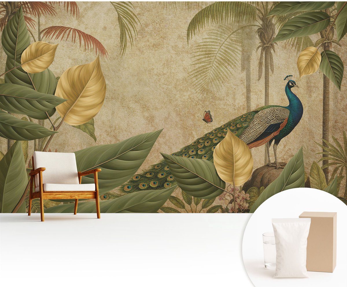 Wallfluent Fotobehang - Grijs Vliesbehang - 416x254 cm - Exotische Vogel Fotobehang Vlies - Hal behang Bloemen En Planten - Muurschildering - Woonkamer behang