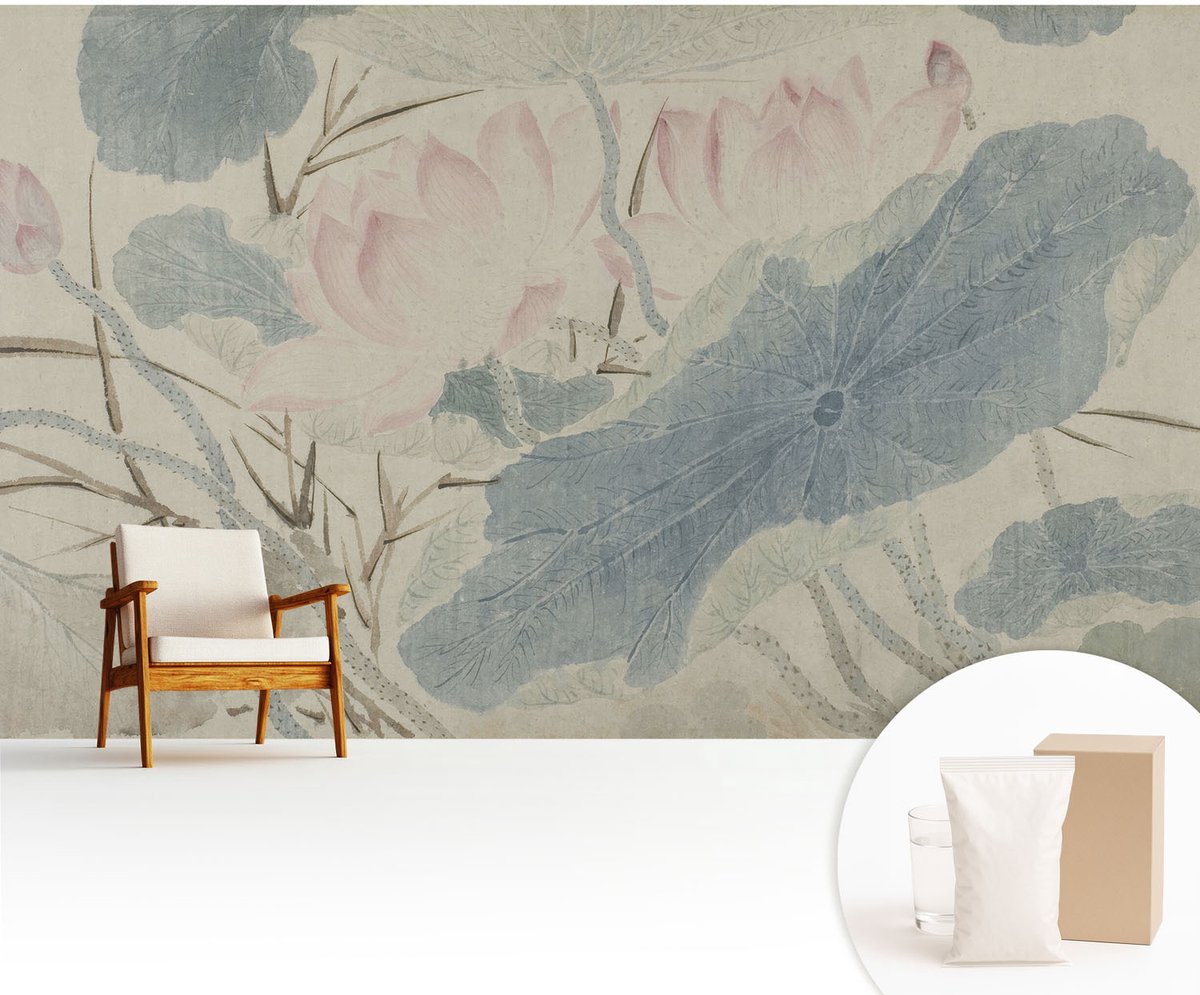 Wallfluent Fotobehang - Grijs Vliesbehang - 416x254 cm - Lotusbladeren Muurschildering - Slaapkamer behang Bloemen En Planten - Fotobehang Vlies - Slaapkamer behang