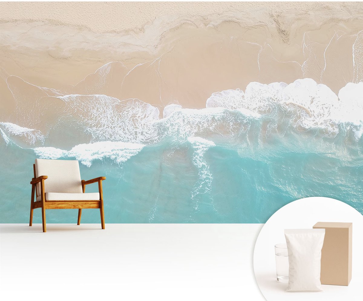 Wallfluent Fotobehang - Beige Vliesbehang - 416x254 cm - Brullende Golven Fotobehang Vlies - Woonkamer behang Landschappen - Muurschildering - Woonkamer behang