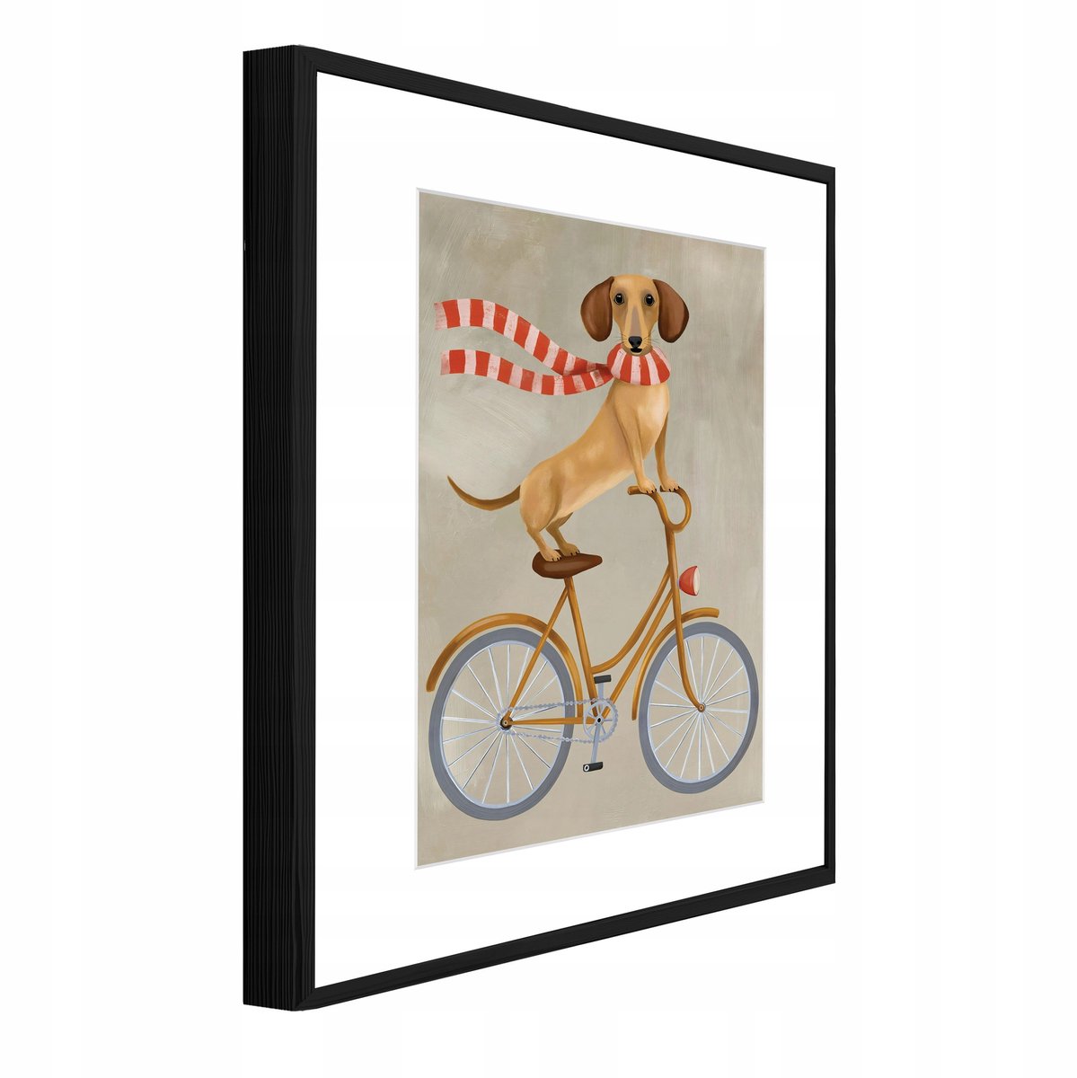 WALLARENA Schilderij met reliëf en passe-partout 60x40 cm - zwarte lijst - teckel op een fiets - wanddecoratie voor woonkamer en slaapkamer Beige