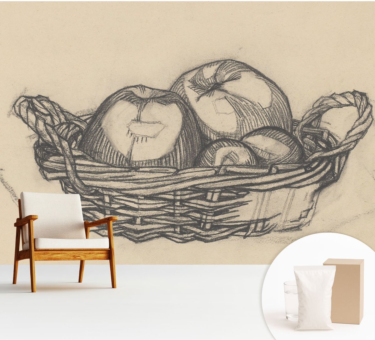 Wallfluent Fotobehang - Wit Vliesbehang - 312x219 cm - Fruitmand Fotobehang Vlies - Woonkamer behang Deel - Muurschildering - Hal behang