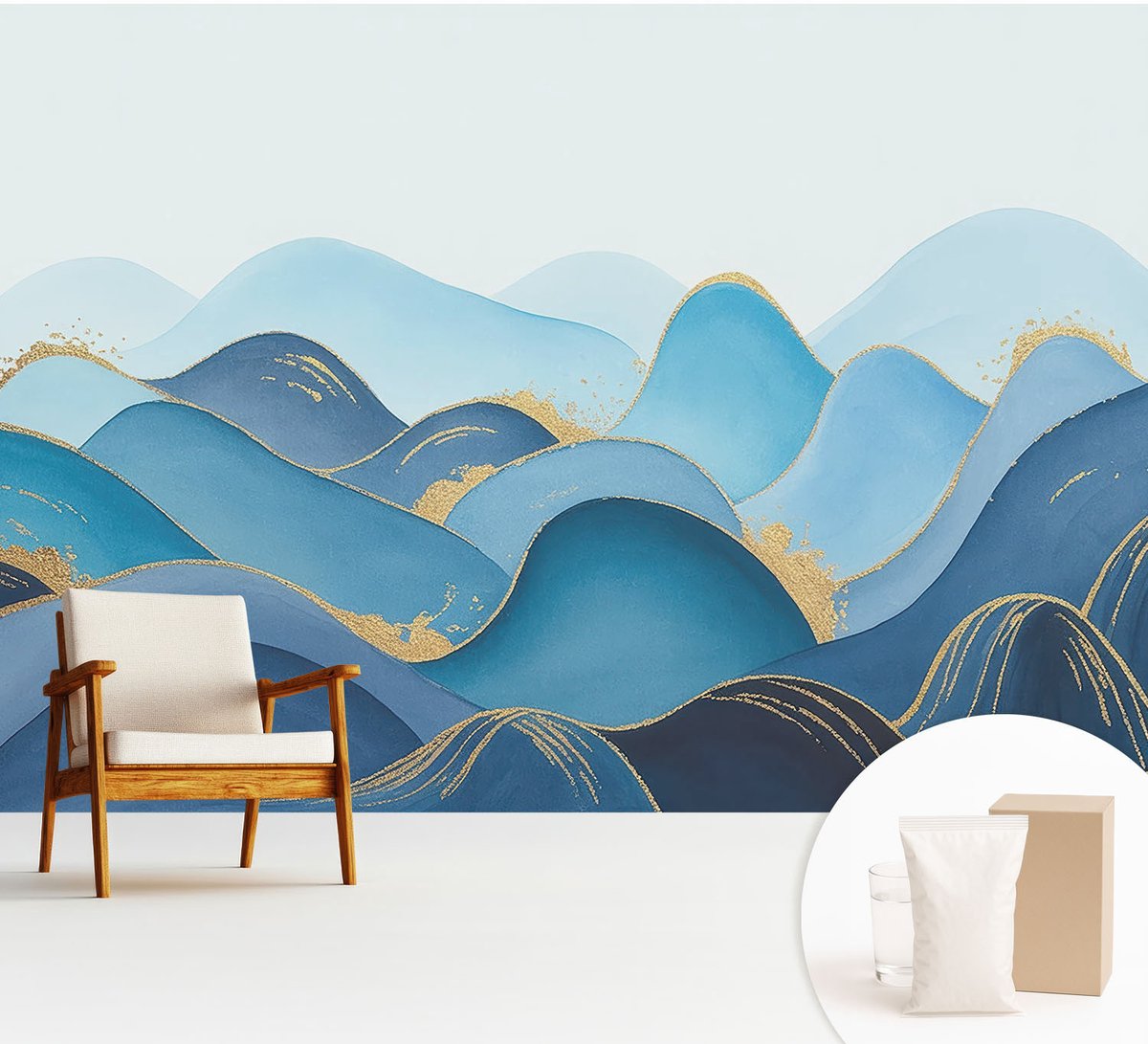 Wallfluent Fotobehang - Blauw Vliesbehang - 312x219 cm - Glooiend Landschap Muurschildering - Slaapkamer behang Abstractie - Fotobehang Vlies - Slaapkamer behang