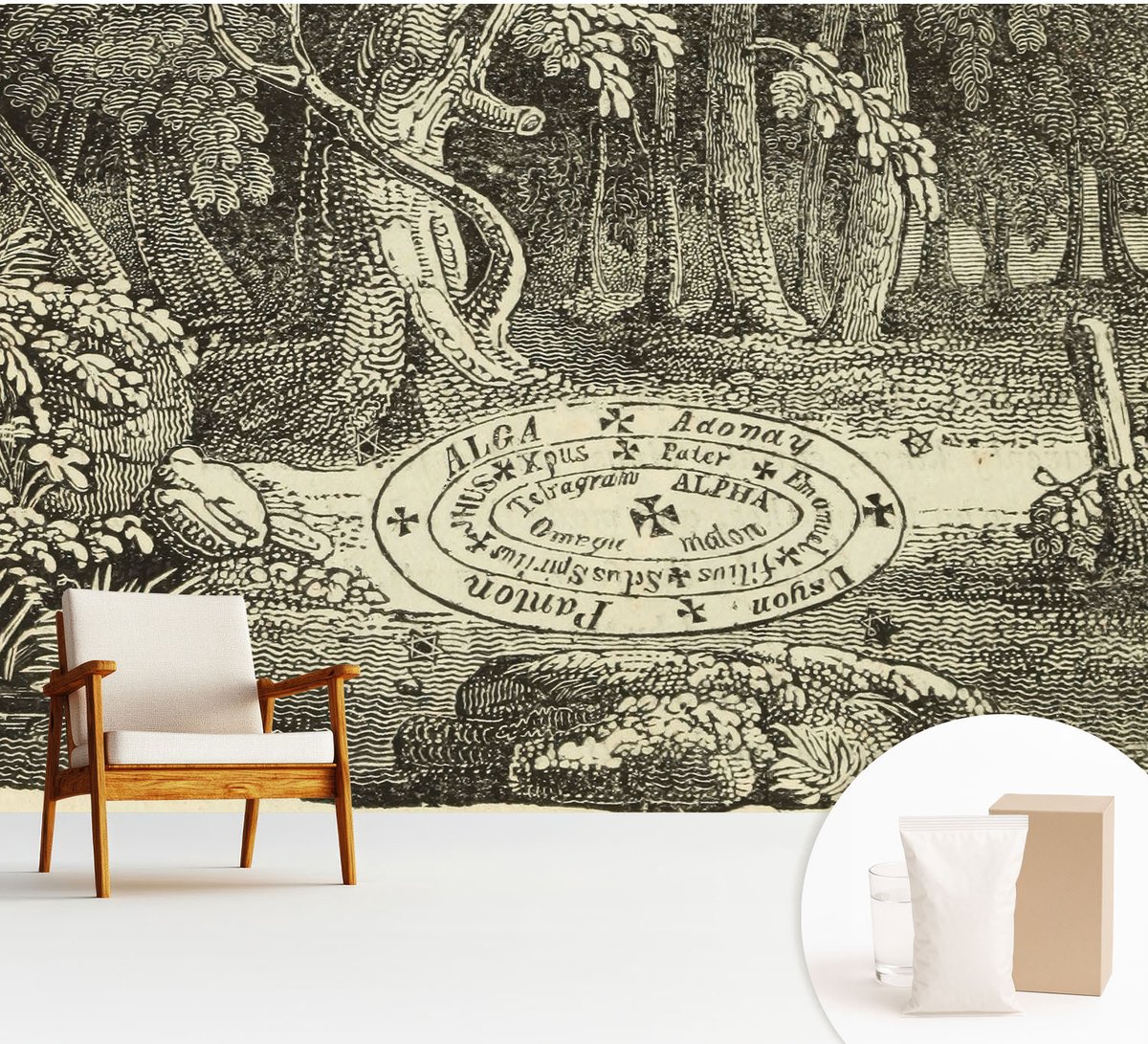 Wallfluent Fotobehang - Zwart-Wit Vliesbehang - 312x219 cm - Magische Cirkel Muurschildering - Gang behang Bloemen En Planten - Fotobehang Vlies - Slaapkamer behang