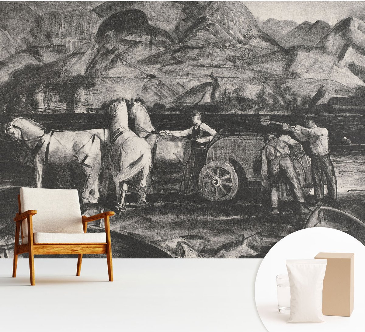 Wallfluent Fotobehang - Zwart-Wit Vliesbehang - 312x219 cm - Dorpsscène Muurschildering - Slaapkamer behang Mensen - Fotobehang Vlies - Slaapkamer behang