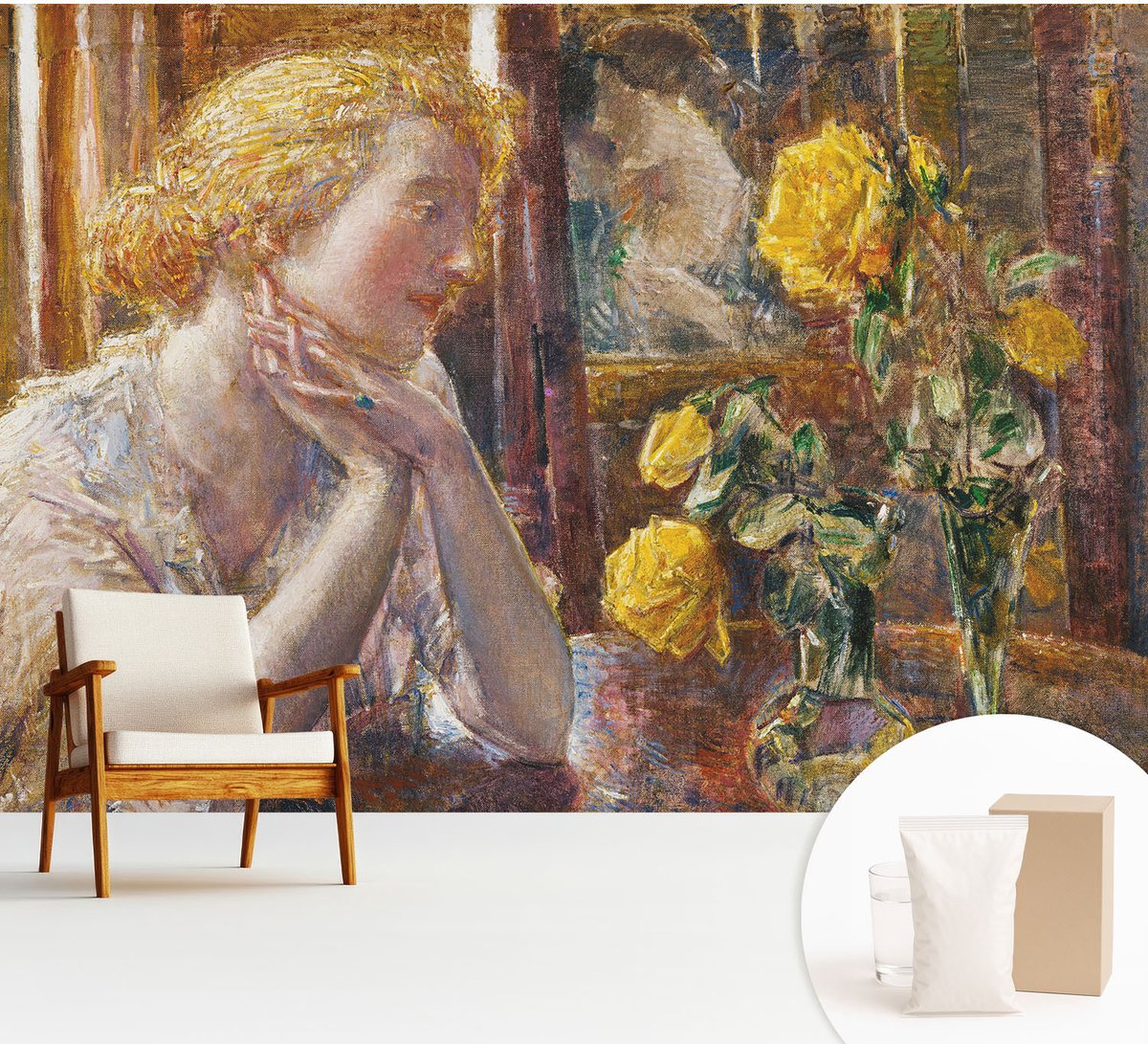 Wallfluent Fotobehang - Geel Vliesbehang - 312x219 cm - Vrouw Met Rozen Fotobehang Vlies - Hal behang Deel - Muurschildering - Woonkamer behang