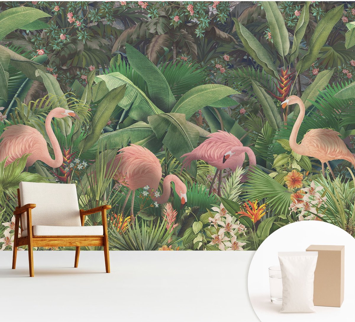 Wallfluent Fotobehang - Groente Vliesbehang - 312x219 cm - Roze Flamingo'S Fotobehang Vlies - Hal behang Bloemen En Planten - Muurschildering - Hal behang