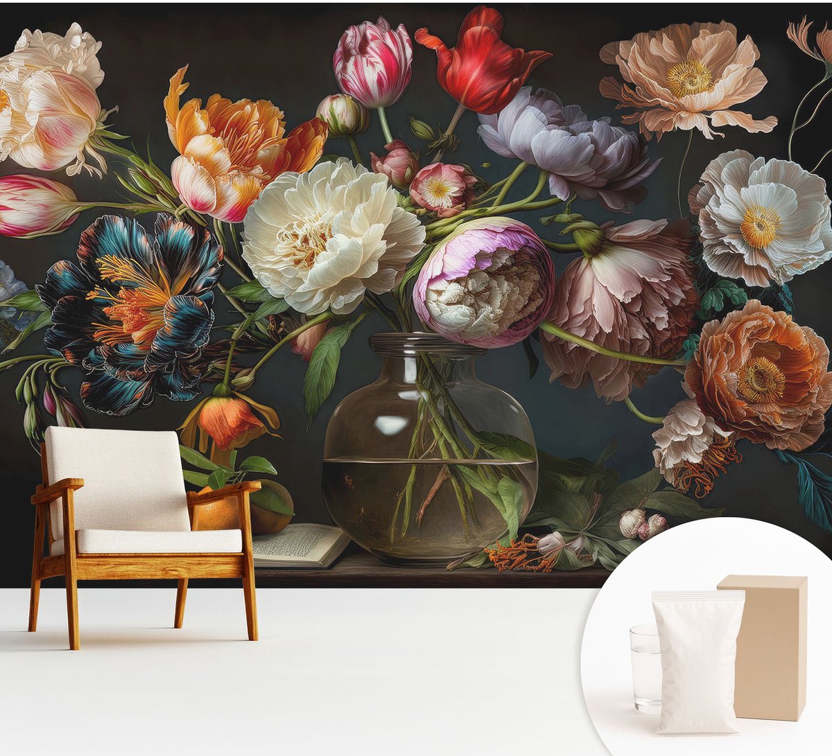 Wallfluent Fotobehang - Oranje Vliesbehang - 312x219 cm - Bloemenboeket Fotobehang Vlies - Woonkamer behang Bloemen En Planten - Muurschildering - Hal behang