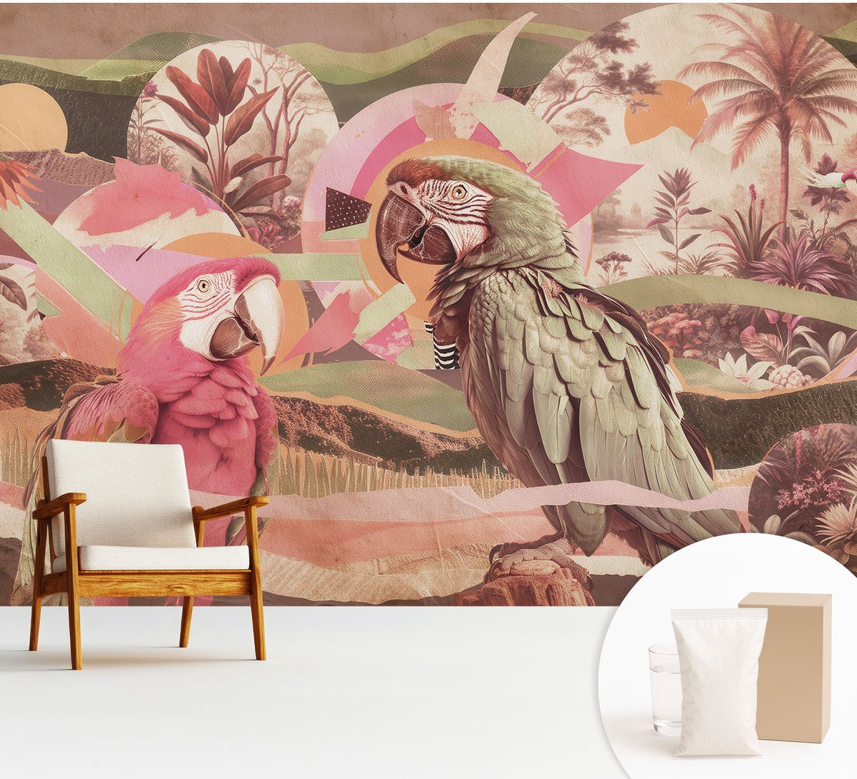 Wallfluent Fotobehang - Roze Vliesbehang - 312x219 cm - Tropische Vogels Fotobehang Vlies - Hal behang Dieren - Muurschildering - Woonkamer behang
