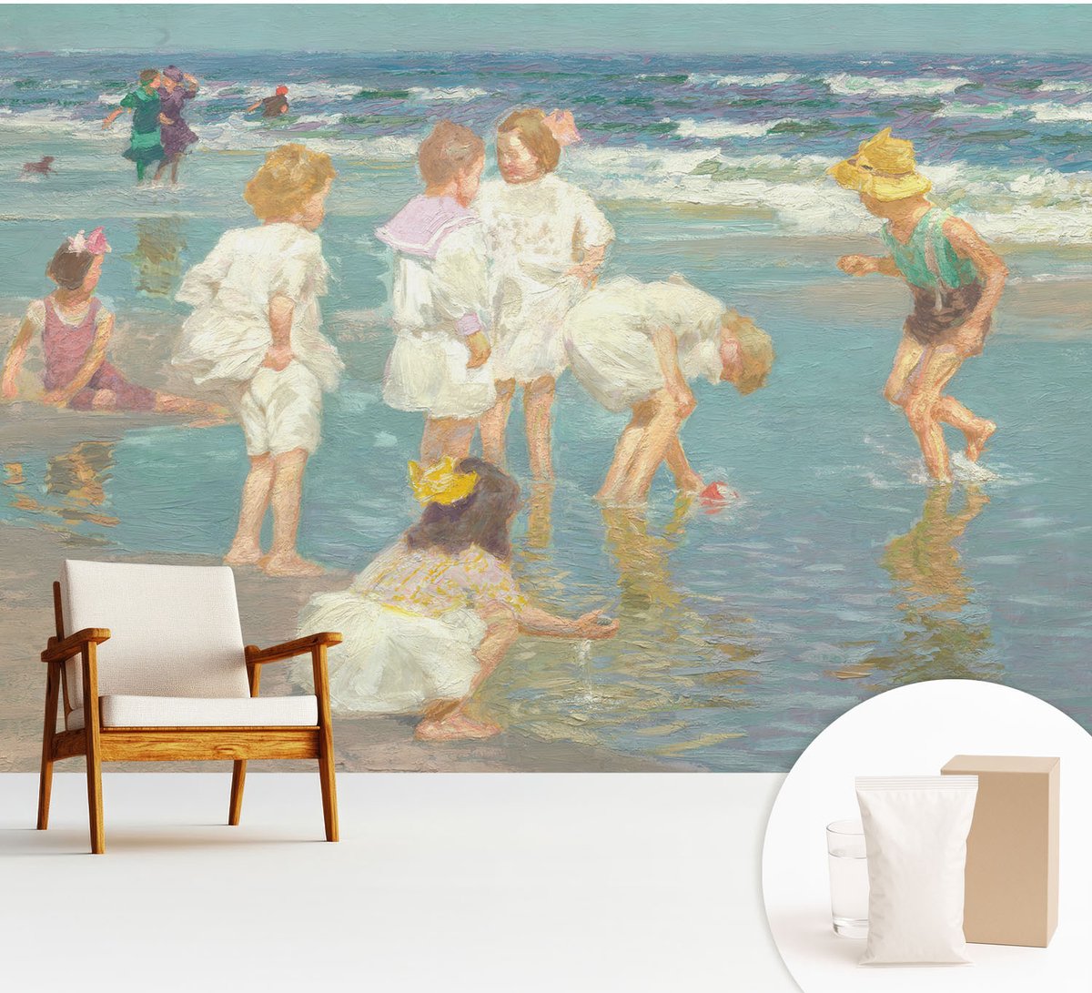 Wallfluent Fotobehang - Wit Vliesbehang - 312x219 cm - Jeugd Aan Het Strand Muurschildering - Gang behang Mensen - Fotobehang Vlies - Gang behang