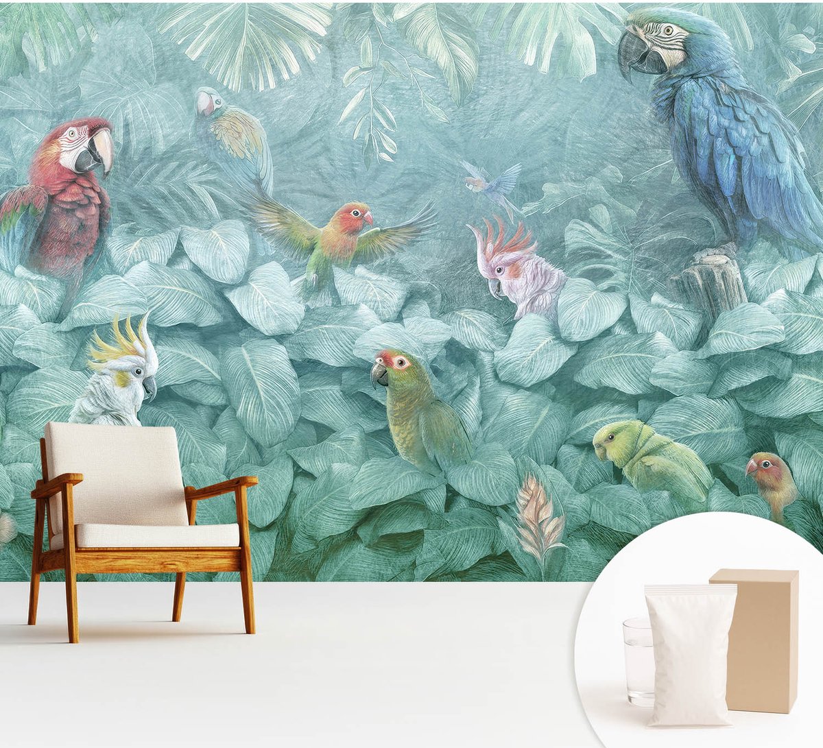 Wallfluent Fotobehang - Groente Vliesbehang - 312x219 cm - Exotische Vogels Muurschildering - Slaapkamer behang Dieren - Fotobehang Vlies - Gang behang