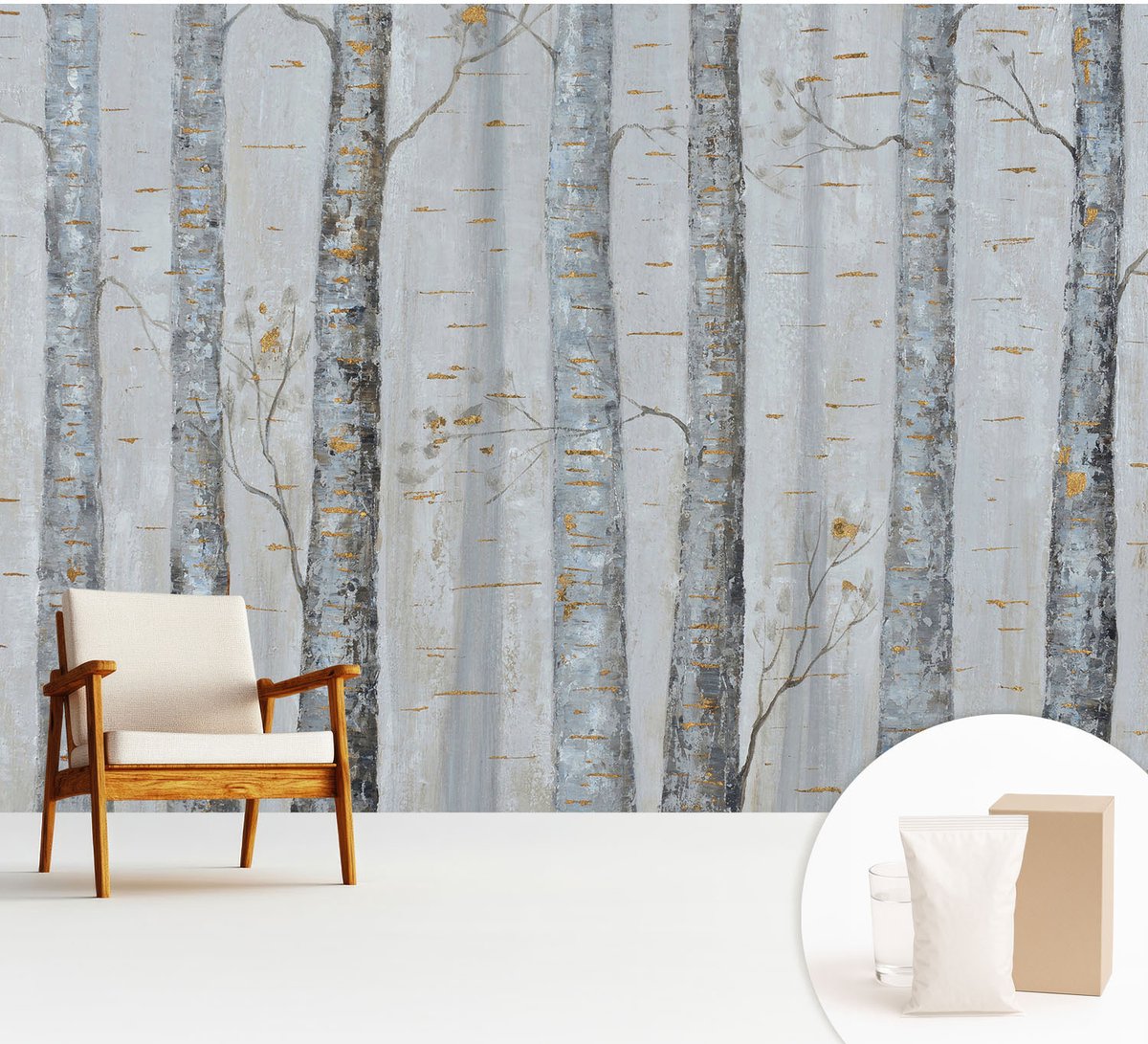 Wallfluent Fotobehang - Grijs Vliesbehang - 312x219 cm - Berkenbomen Fotobehang Vlies - Hal behang Bloemen En Planten - Muurschildering - Woonkamer behang