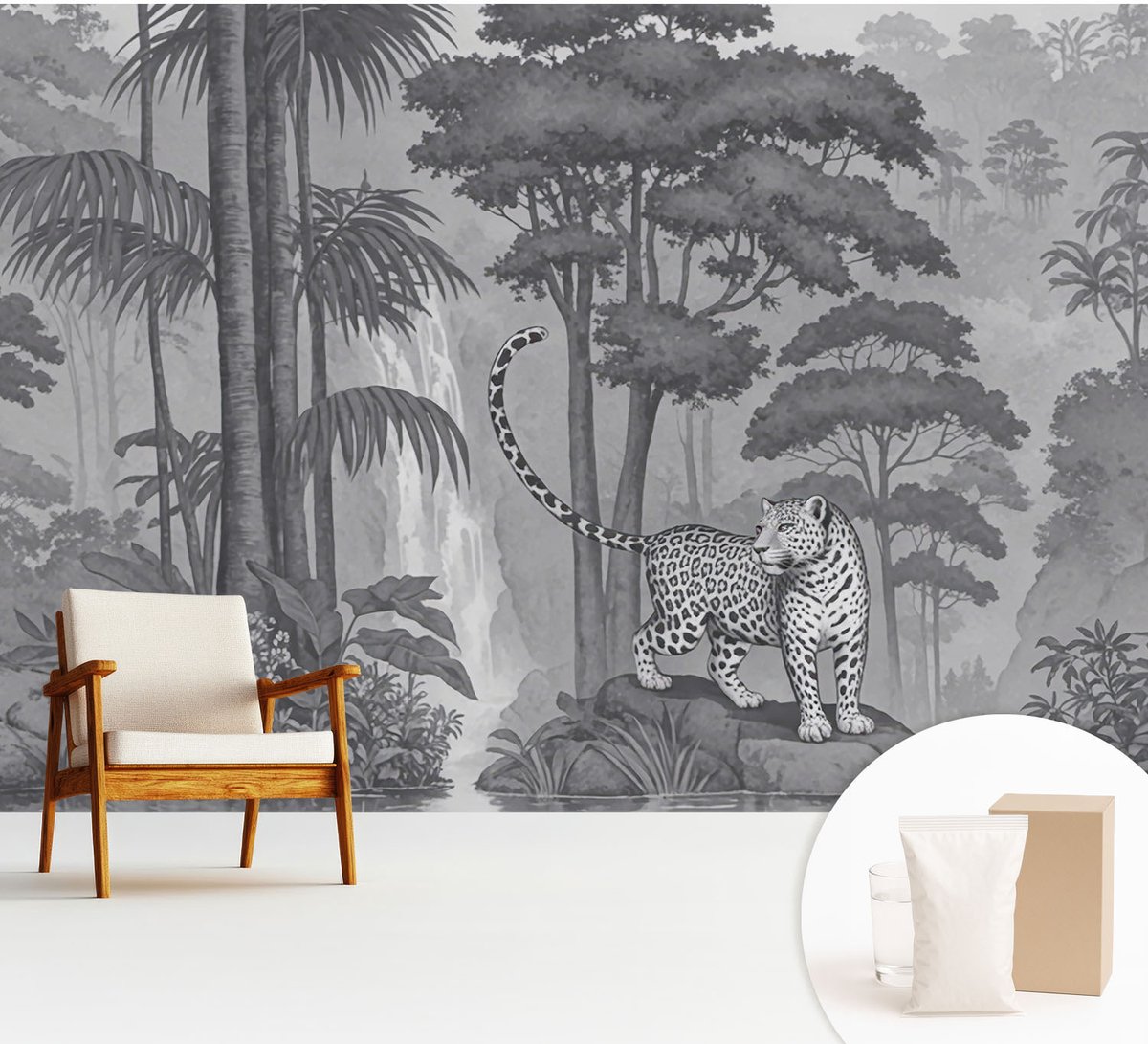 Wallfluent Fotobehang - Grijs Vliesbehang - 312x219 cm - Tropische Jungle Fotobehang Vlies - Woonkamer behang Dieren - Muurschildering - Woonkamer behang