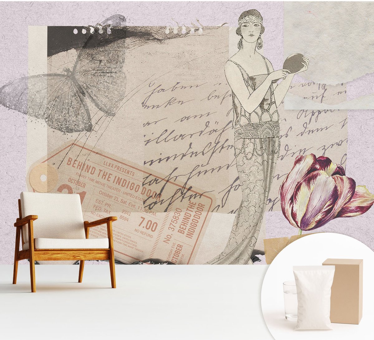 Wallfluent Fotobehang - Grijs Vliesbehang - 312x219 cm - Nostalgische Collage Fotobehang Vlies - Hal behang Deel - Muurschildering - Hal behang