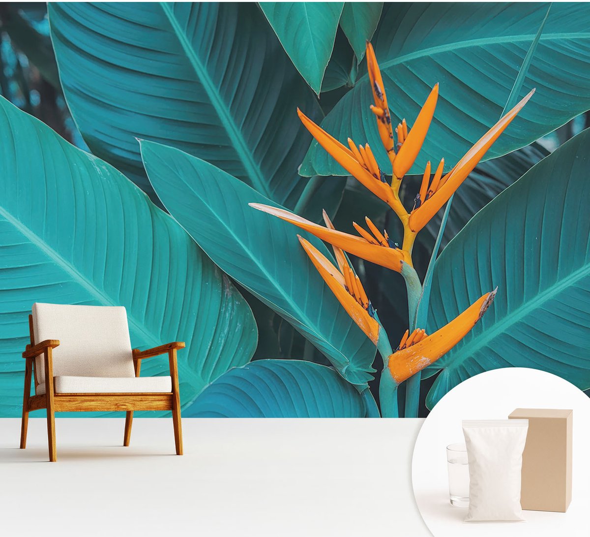 Wallfluent Fotobehang - Oranje Vliesbehang - 312x219 cm - Bladrijke Bloemen Fotobehang Vlies - Woonkamer behang Bloemen En Planten - Muurschildering - Woonkamer behang