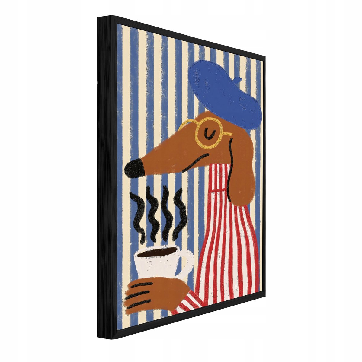 WALLARENA Schilderij met reliëf 90x60 cm - zwarte lijst - teckel met koffie - woonkamer en slaapkamer Bruin