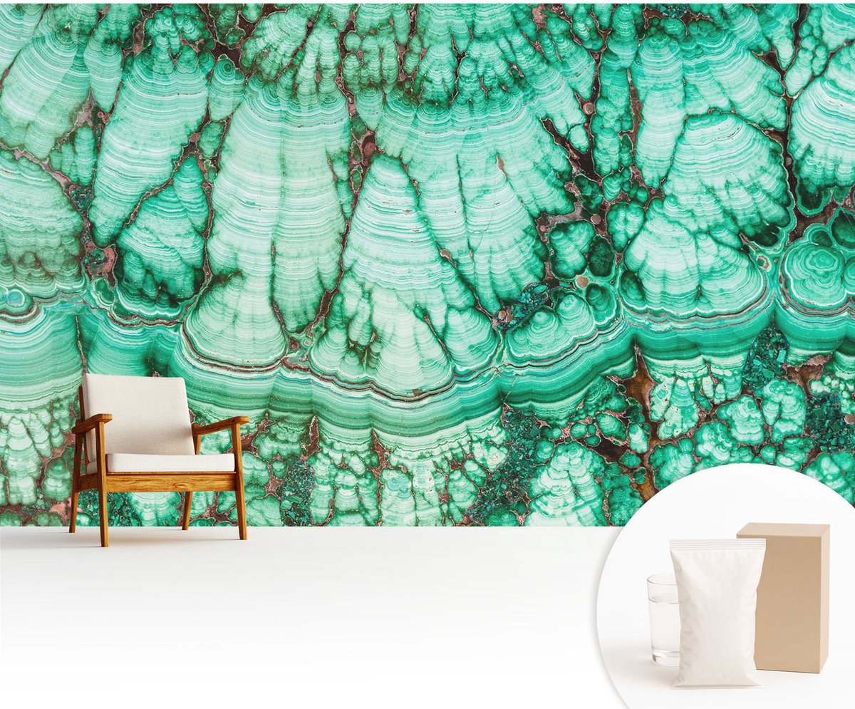 Wallfluent Fotobehang - Turkoois Vliesbehang - 416x254 cm - Groene Patronen Muurschildering - Slaapkamer behang Teksten - Fotobehang Vlies - Slaapkamer behang