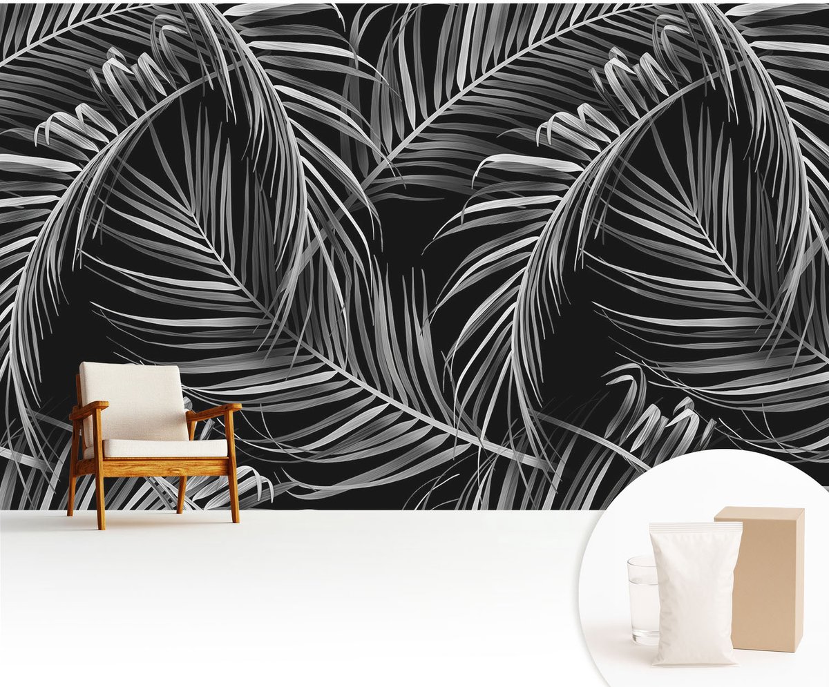 Wallfluent Fotobehang - Zwart Vliesbehang - 416x254 cm - Exotisch Patroon Fotobehang Vlies - Woonkamer behang Bloemen En Planten - Muurschildering - Hal behang