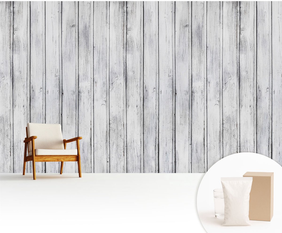 Wallfluent Fotobehang - Wit Vliesbehang - 416x254 cm - Houten Planken Fotobehang Vlies - Hal behang Texturen - Muurschildering - Hal behang