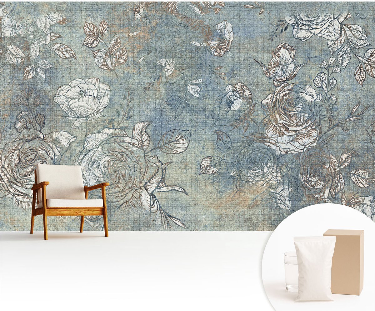 Wallfluent Fotobehang - Blauw Vliesbehang - 416x254 cm - Romantische Rozen Muurschildering - Slaapkamer behang Bloemen En Planten - Fotobehang Vlies - Slaapkamer behang